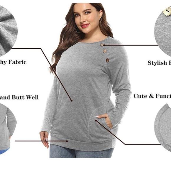 None Tops - COMFY/CASUAL/CUTE Grey Top with Pockets and Wooden Button Detail